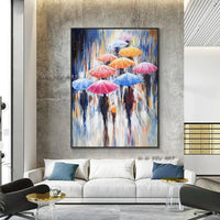 Abstract People Walking In The Rain With Umbrellas PaintingHand Painted On Canvas Modern Derorative