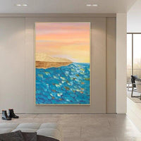 Sunset Sea View Light Blue Posters Hand Painted Canvas Oil Painting Wall Art Decor Salon