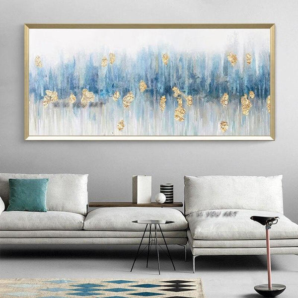 Abstract Canvas Modern Blue White Golden Minimalist Handmade