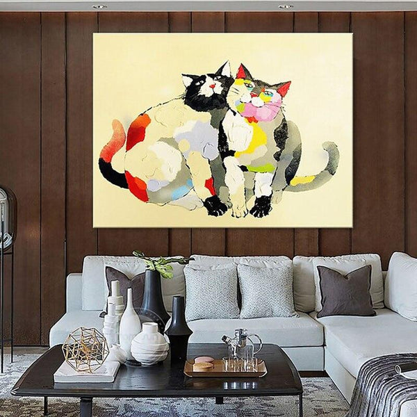 Hand Painted Animal Oil Painting Colorful Cute Cat Abstract Art Canvas Painting Dedroom