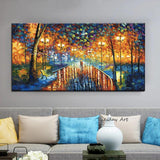 Hand Painted Oil Painting Palette Knife Street Lamp Tree On Canvas Figures Abstract Modern Wall Decor