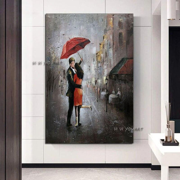 Modern Lover Walking In The Rain With Red Umbrella Hand Painted On Canvas Wall Art