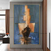 Sunset Over Ocean Boats Landscape Hand Painted Canvas Oil Paintings Bedroom Modern