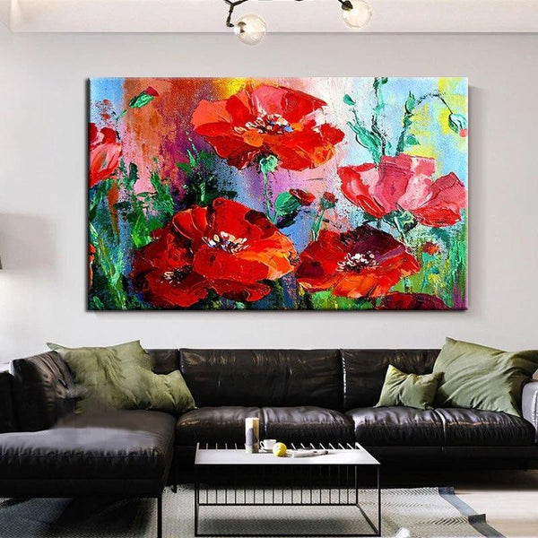 Hand Painted Oil Painting Knife Red Flower Classical Abstract Wall Art On Canvas Without Border