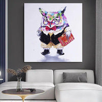 Hand Painted Cartoon Animal Abstract Oil Painting Owl Glasses for Kids Rooms or Decor Arts