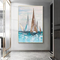 handmade Abstract Gold Foil sailboats Landscape Oil Painting on canvas Painting