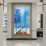 Hand Painted Oil Painting Blue Leaf Knife Street Character Abstract Canvas Art Giclees Decor