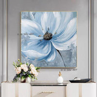 Pure Hand Painted Abstract Blue Flower Home Good Canvas Wall Art Wall Hanging Artwork For Decor