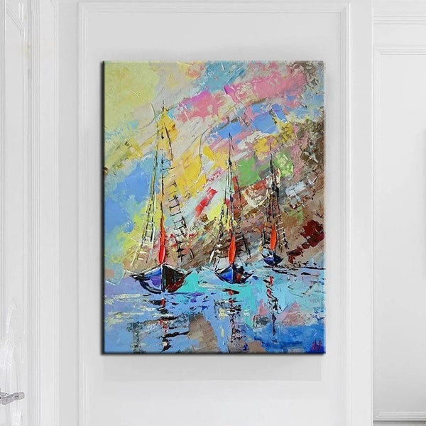 Hand Painted Oil Paintings Classic Sailing Boat Impression Landscape Painting Vintage Home Wall Art