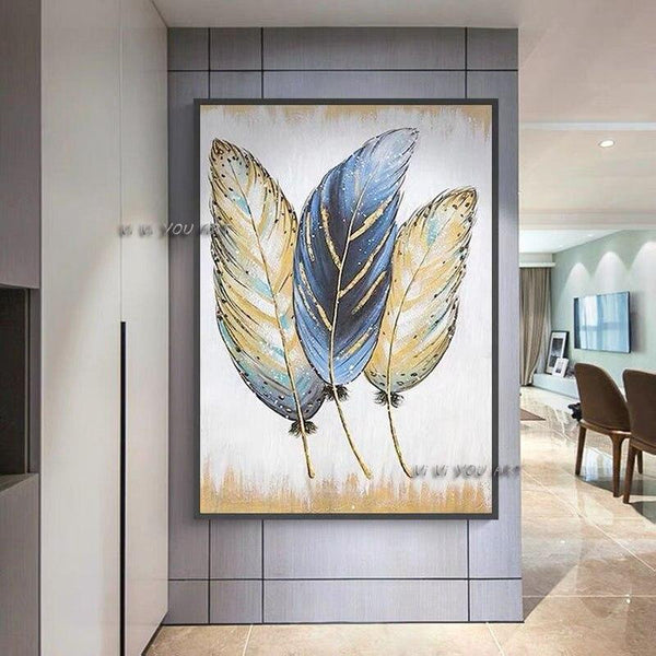 Hand Painted Canvas Vintage Abstract Golden Feather and Home Decor