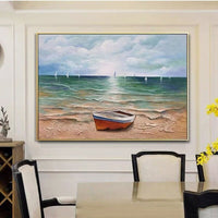 Hand Painted Blue Ocean Landscape Boats Oil Painting on Canvas Hawaii Beach