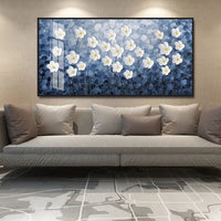 Hand Painted Modern Abstract Oil Painting Blue White Hand Painted Knife Flowers