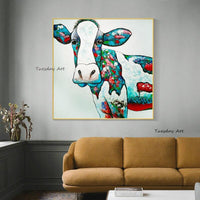 Modern Funny Abstract Hand Painted Animal Cow Head Oil Painting On Canvas WAll Art for Kids Room