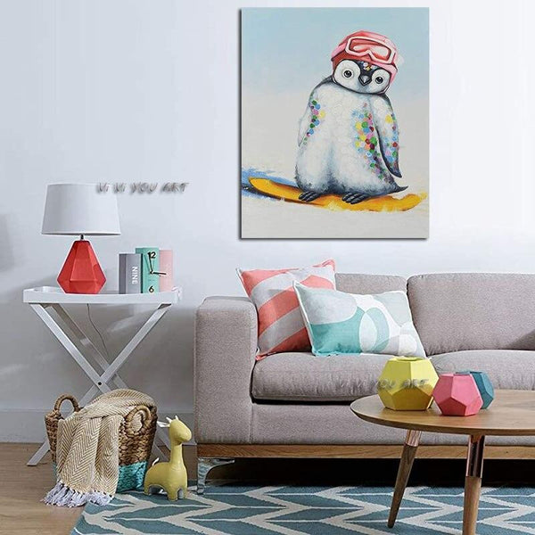 Modern Hand Painted Colorful Animals Canvas Painting Cartoon Little penguin skiing for Kids Room