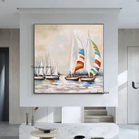 Hand Painted Knife Abstract Oil Painting Sailing Boat Home Office Sea Scenery Painting