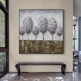 Hand Painted Silver Tree Canvas Painting Modern Nature Artwork Thick Oil For Home Office