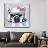 Hand Painted Abstract Dog Bowknot Glasses Art Oil Painting On Canvas Modern Animal