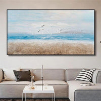 Hand Painted Abstract Oil Painting Poster Modern Golden Ocean and Beach Wall Art Big Mural