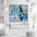 Abstract Wall Art Blue White Yellow Hand Painted Over Large-Square On Canvas Living Dining Decoration