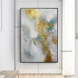 Hand Painted Modern Art Modern Gold and Blue Gray Marble Texture Canvas Painting Room Decor