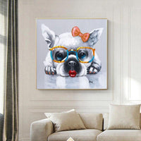 Hand Painted Abstract Dog Bowknot Glasses Art Oil Painting On Canvas Modern Animal