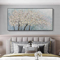 Hand Painted Abstract White Flowers Tree Minimalist Modern On Canvas Decorative For Living