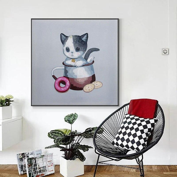 Hand Painted Abstract Animal Painting On Canvas Art Wall Cute Cartoon Cat Oil Painting Modern Art For Kid Room