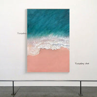 Hand Painted Abstract Sea Landscape Painting Of Blue Water And White Spray On Pink Beach Modern Artwork