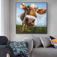 Hand Painted Funny Cute Cow Oil Painting on Canvas Modern Cartoon Animal Cow For Kid Room As