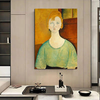 Modern Hand Painted Girl in a Green Blouse Canvas Artwork Aesthetic Wall Hanging Decor