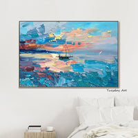 Hand Painted Seascape Sunrise Oil Painting Canvas Wall Decoration Bedroom Hanging Painting