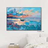 Hand Painted Seascape Sunrise Oil Painting Canvas Wall Bedroom Hanging Painting