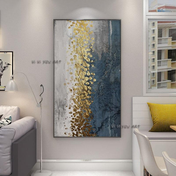 Hand Painted Oil Abstract Painting Modern Blue and White Gold Leaf On Canvas Office s