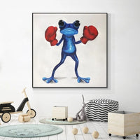 Modern Hand Painted Blue Frog Animal Wall Art Canvas Bedroom Restaurant Interior Decoration