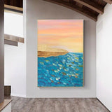 Sunset Sea View Light Blue Posters Hand Painted Canvas Oil Painting Wall Art Decor Salon