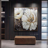 White Flower Gray Background Hand Painted Wall Art Modern Abstract On Canvas Wall Painting