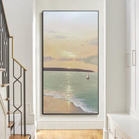 Hand Painted Modern Oil Painting Abstract Seascape Sunrise Beach White Canvas Painting