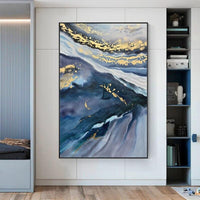 Modern Hand Painted Abstract Oil Painting Contemporary Art Painting BLUE Silver Grey Vertical Design Artwork