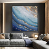 Modern Abstract Gold Foil Flowing Blue Hand Painted Canvas Art Painting Bedroom Wall