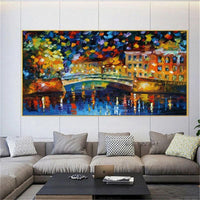 Hand Painted Modern Abstract Knife Painting Town Night Scene Canvas Painting