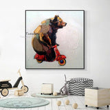 Hand Painted Oil Painting Modern Cute Biker Bear Abstract Wall Decorative Item Canvas Entrance Decor