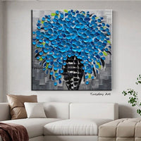 Hand Painted Art Oil Painting Modern Abstract Palette Knife Blue Flowers Canvas Decor Florals