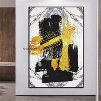 Hand Painted Abstract Oil Painting Art Wall Black White Yellow Simple Canvas Modern Home Mural