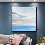 Hand Painted Natural Sunset Blue Sky Cloud Lake Landscape Canvas Painting Abstract