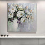 Hand Painted Abstract White Knife Flower Oil Painting on Canvass