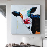 Hand Painted Oil Painting Modern Abstract Cute Cow Animal Art Wall Canvas Decor