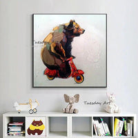 Hand Painted Oil Painting Modern Cute Biker Bear Abstract Wall Decorative Item Canvas Entrance Decor