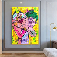 Hand Painted Oil Painting Graffitti Street Art Canvas Pink Leopard Animal Pop Cartoon Painting