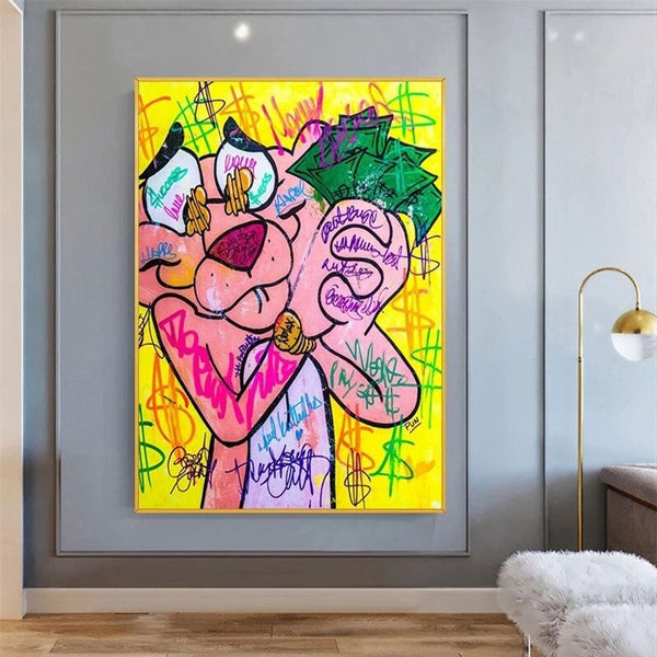 Hand Painted Oil Paintings Graffitti Street Art Canvas Pink Leopard Animal Pop Cartoon Paintings