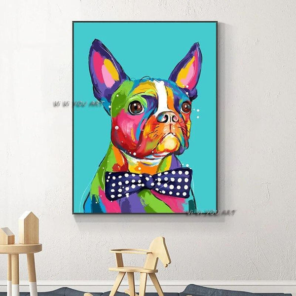 Hand Painted Abstract Colorful Dog With Purple Bow On Canvas Animal For Kids Room